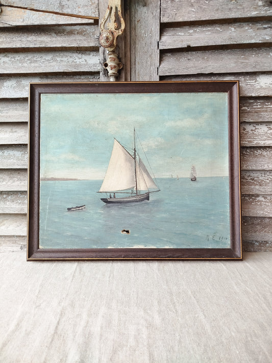 Tableau peinture paysage marin signé et daté 1910